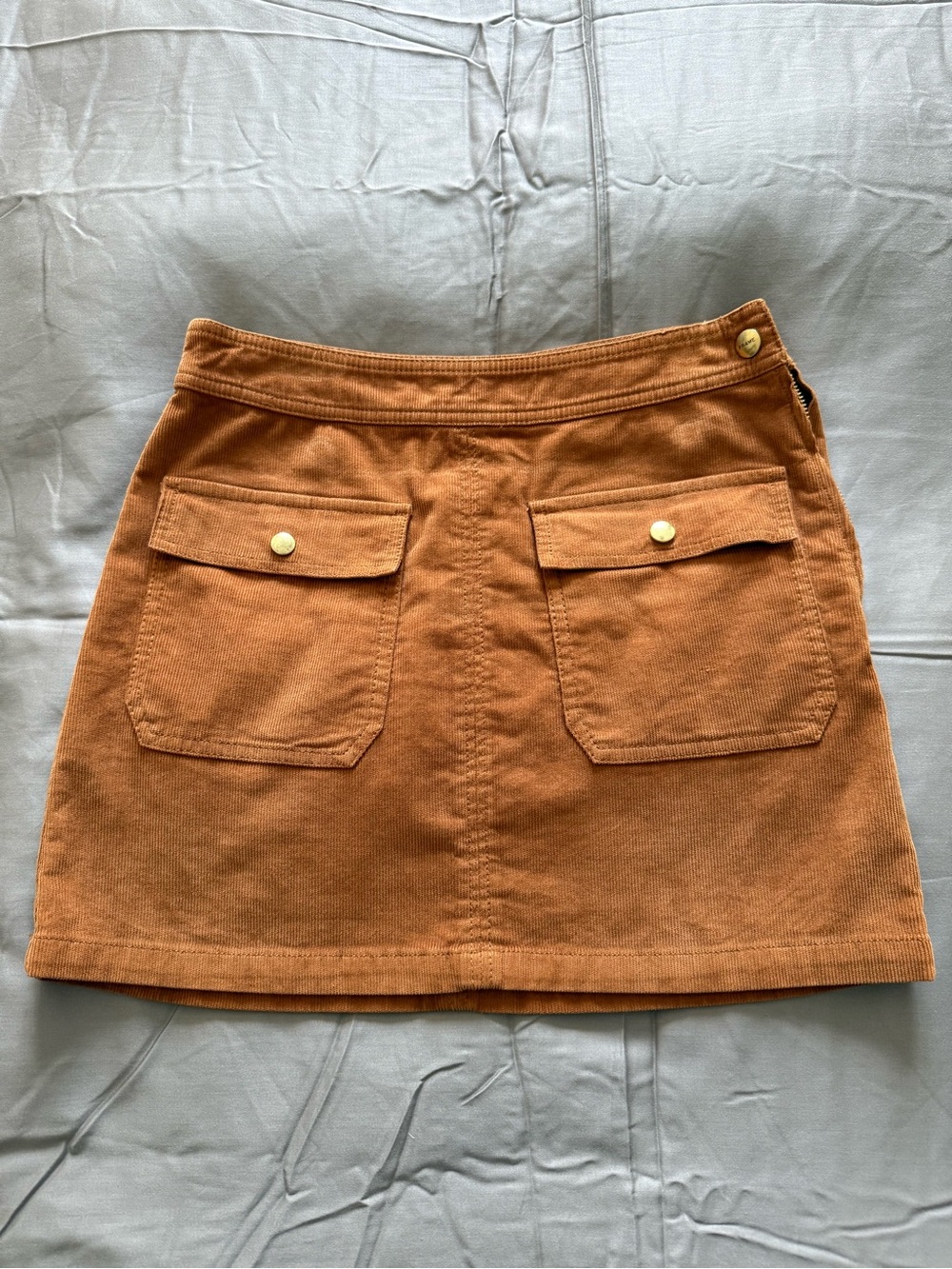 Frame Denim Corduroy Mini Skirt in Rust Brown with Gold Buttons